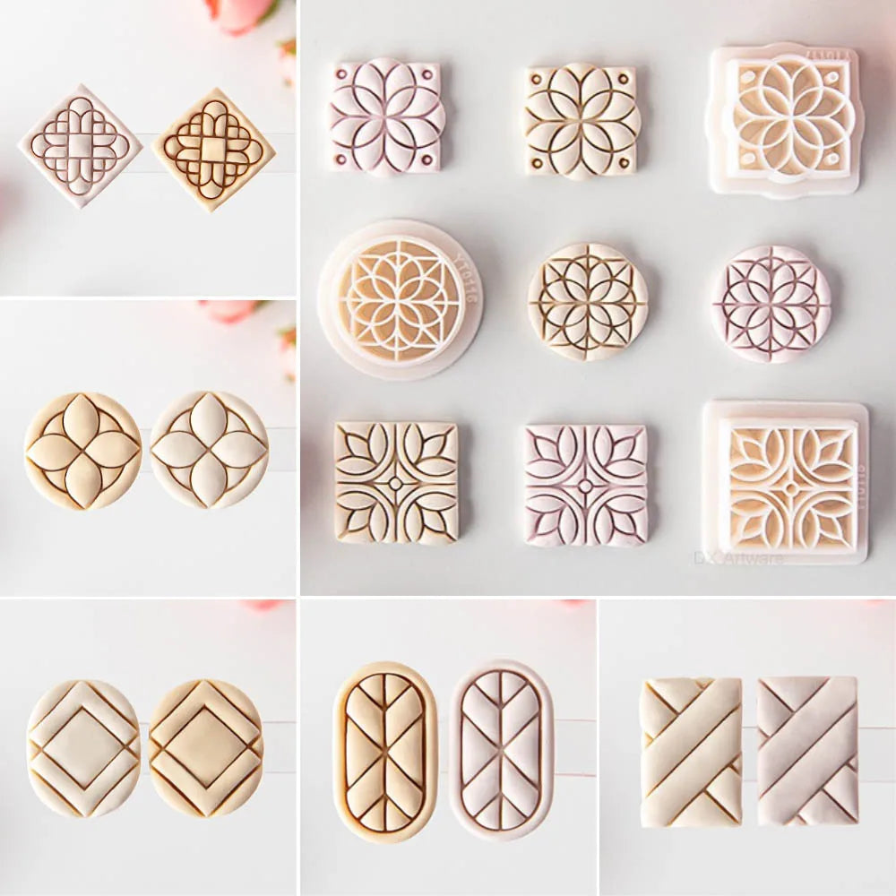 Collection of molds with geometric patterns on a white background