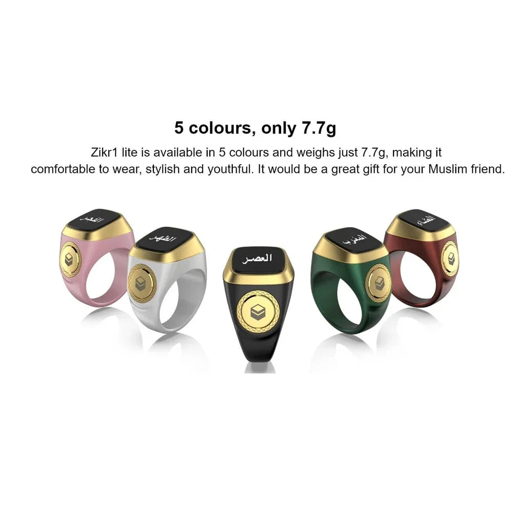 Five colorful rings with gold accents on a white background