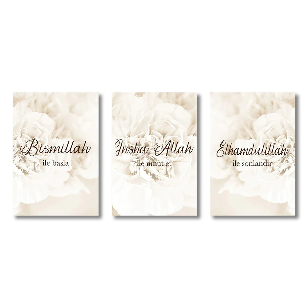 Three panels with floral designs and Arabic text on a white background