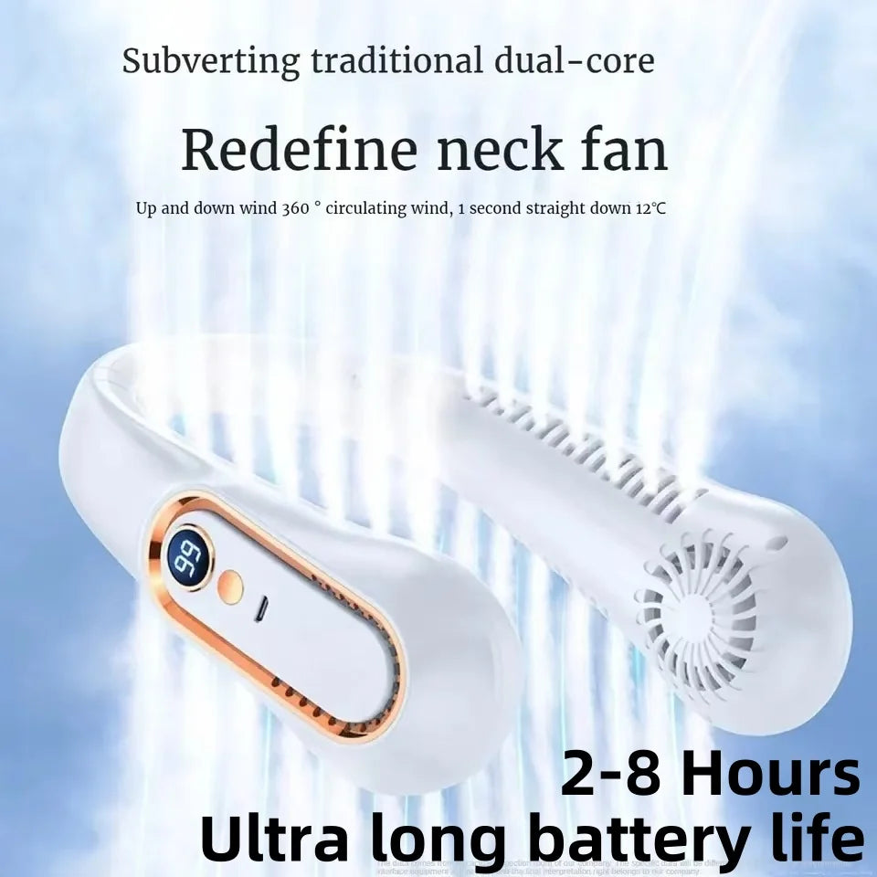 Neck fan with digital display on a light blue background