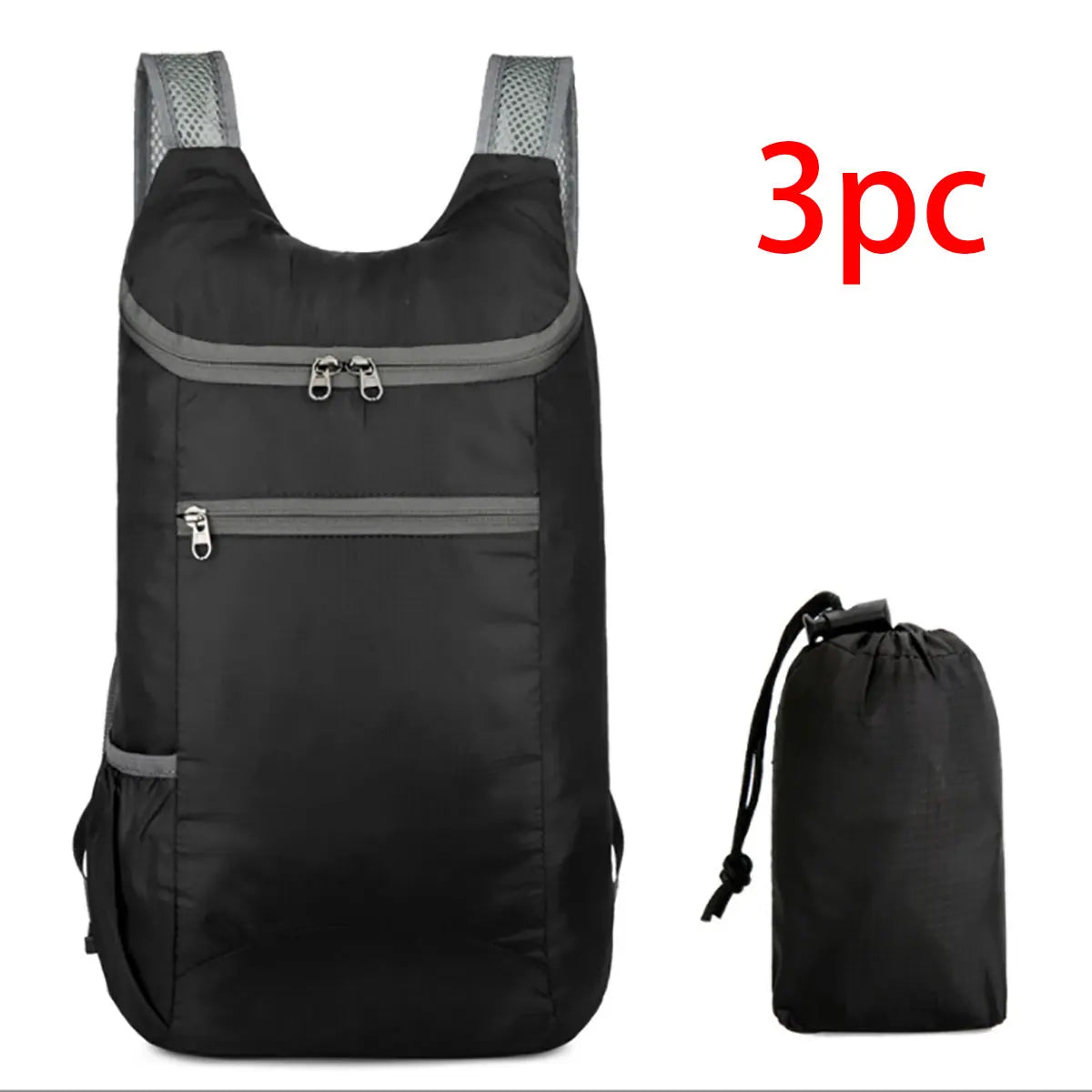 3 piece Black backpack with gray straps and a smaller black drawstring bag on a white background. for hajj and umrah pilgrimage