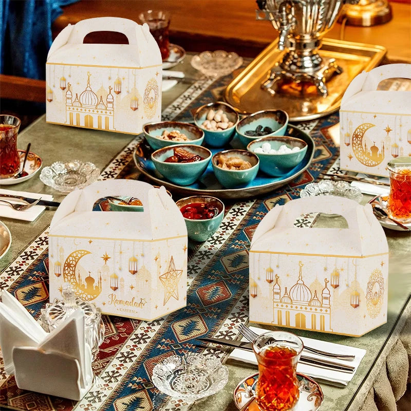Table setting with tea and pastries on a decorative tablecloth