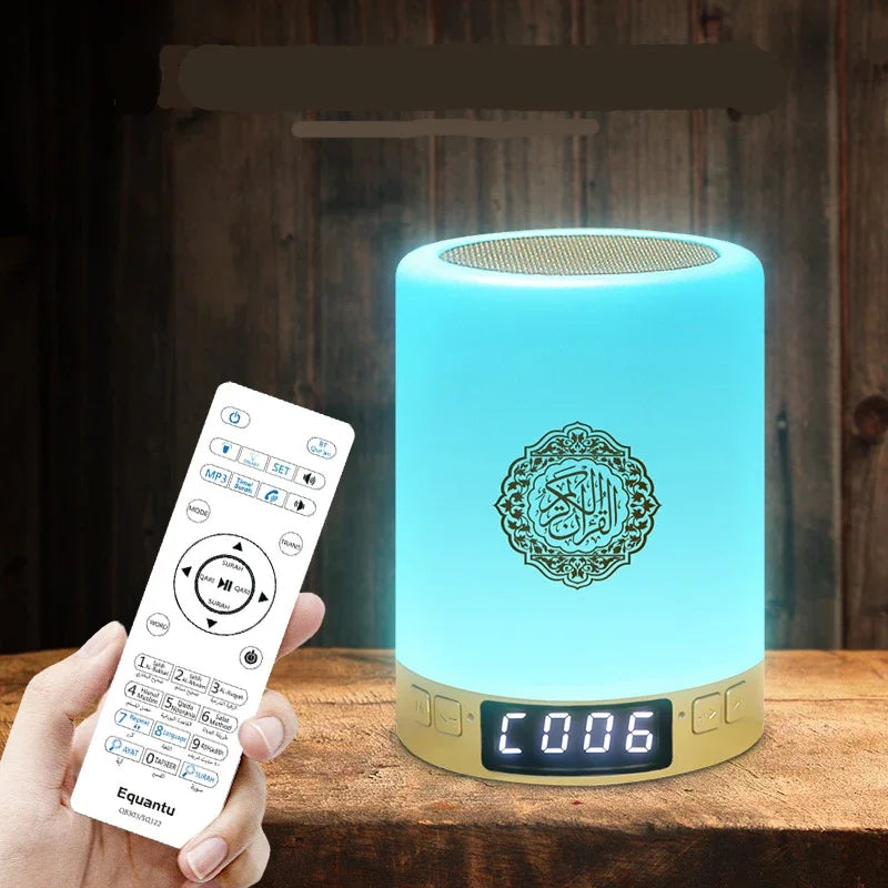 Lamp with remote control on a wooden surface
