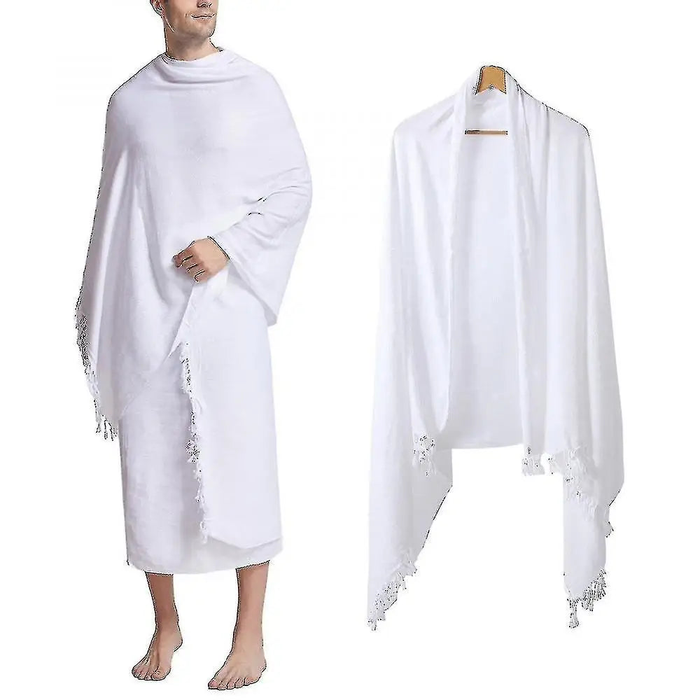 White Ihram for Umrah And Hajj pilgrimage draped over a person and on a mannequin against a white background