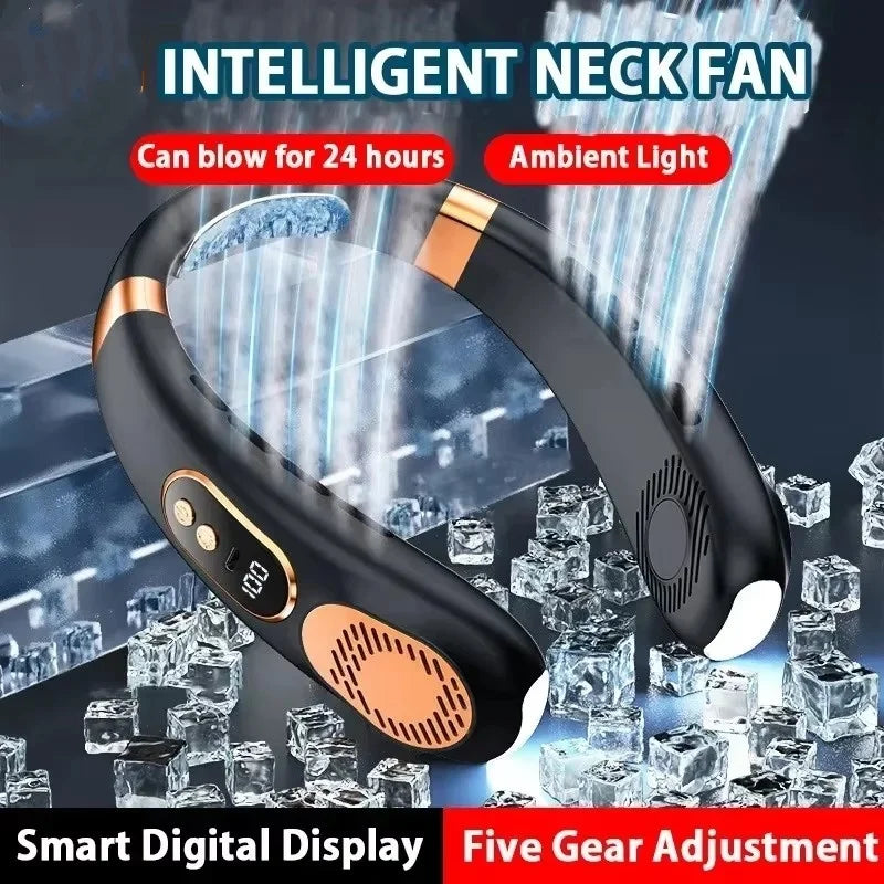 Intelligent neck fan with ice cubes and digital display on a dark background