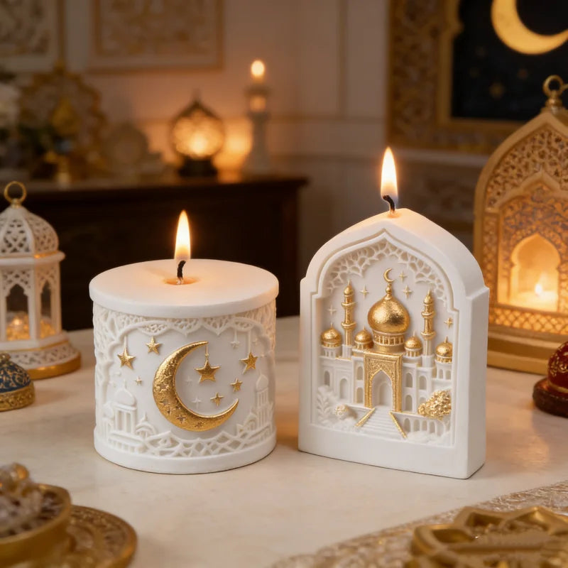 Islamic Decorative candles with architectural designs and lit flames on a table.