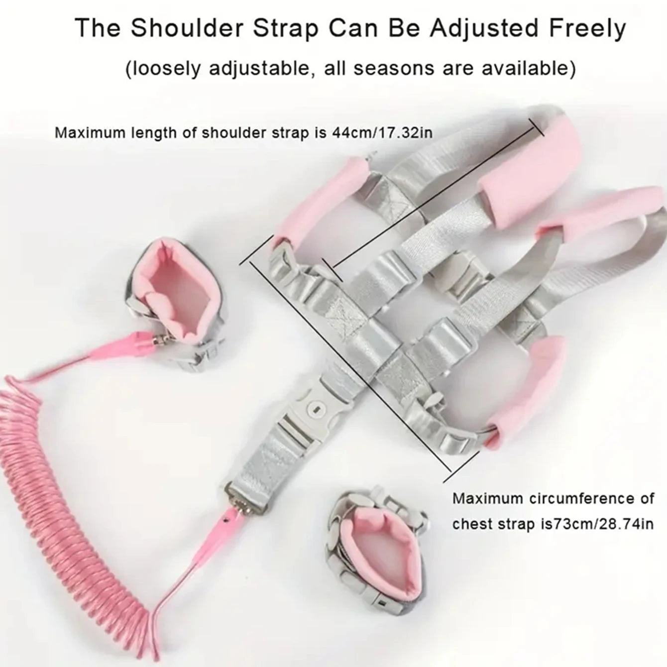 Pink and silver kids safety leash for hajj and umrah pilgrimage with adjustable shoulder strap on a white background