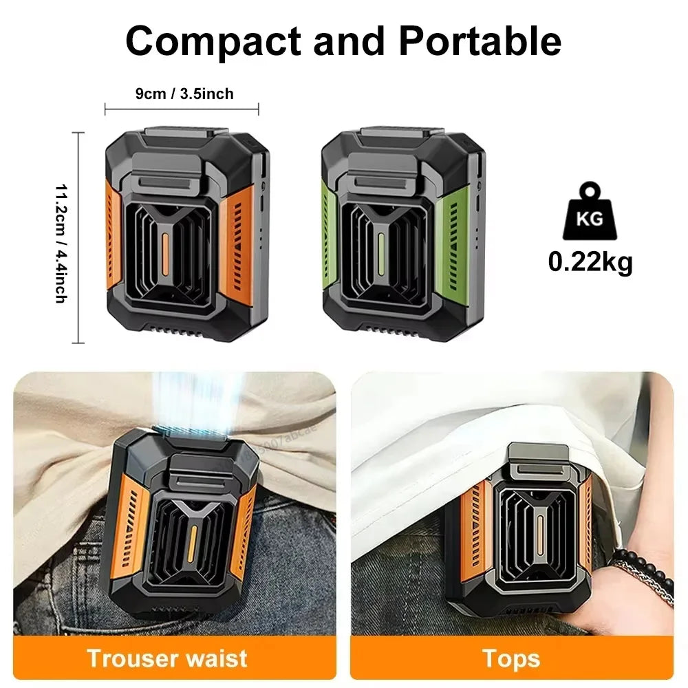 Compact and portable cooling fan device with dimensions, weight, and usage on a white background