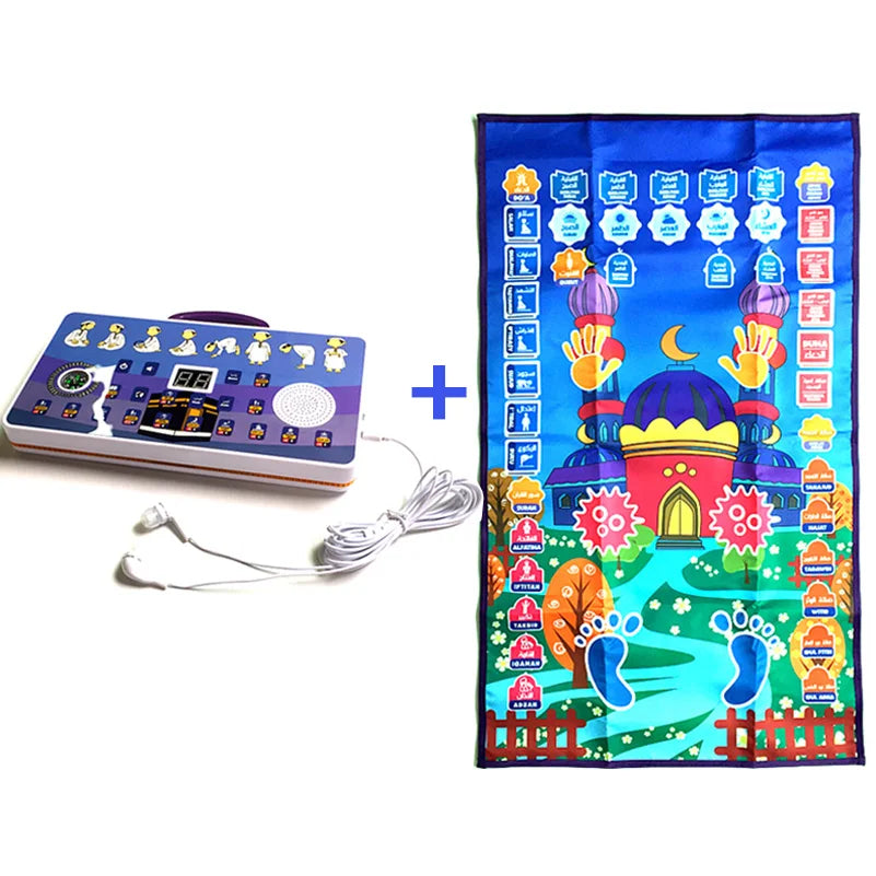Children's educational toy set Islamic  interactive prayer mat with a colorful electronic device and a mat with religious symbols on a white background.