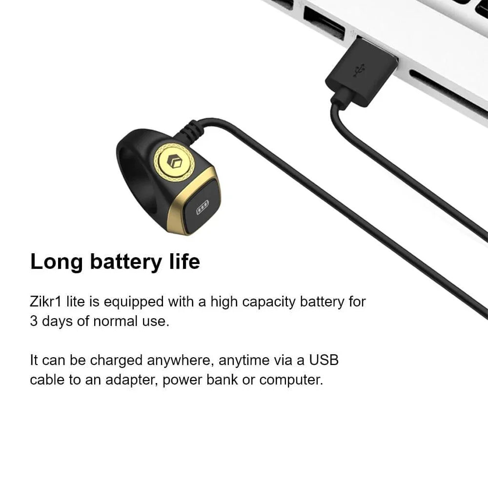 Zikr1 lite device being charged with text about long battery life on a white background