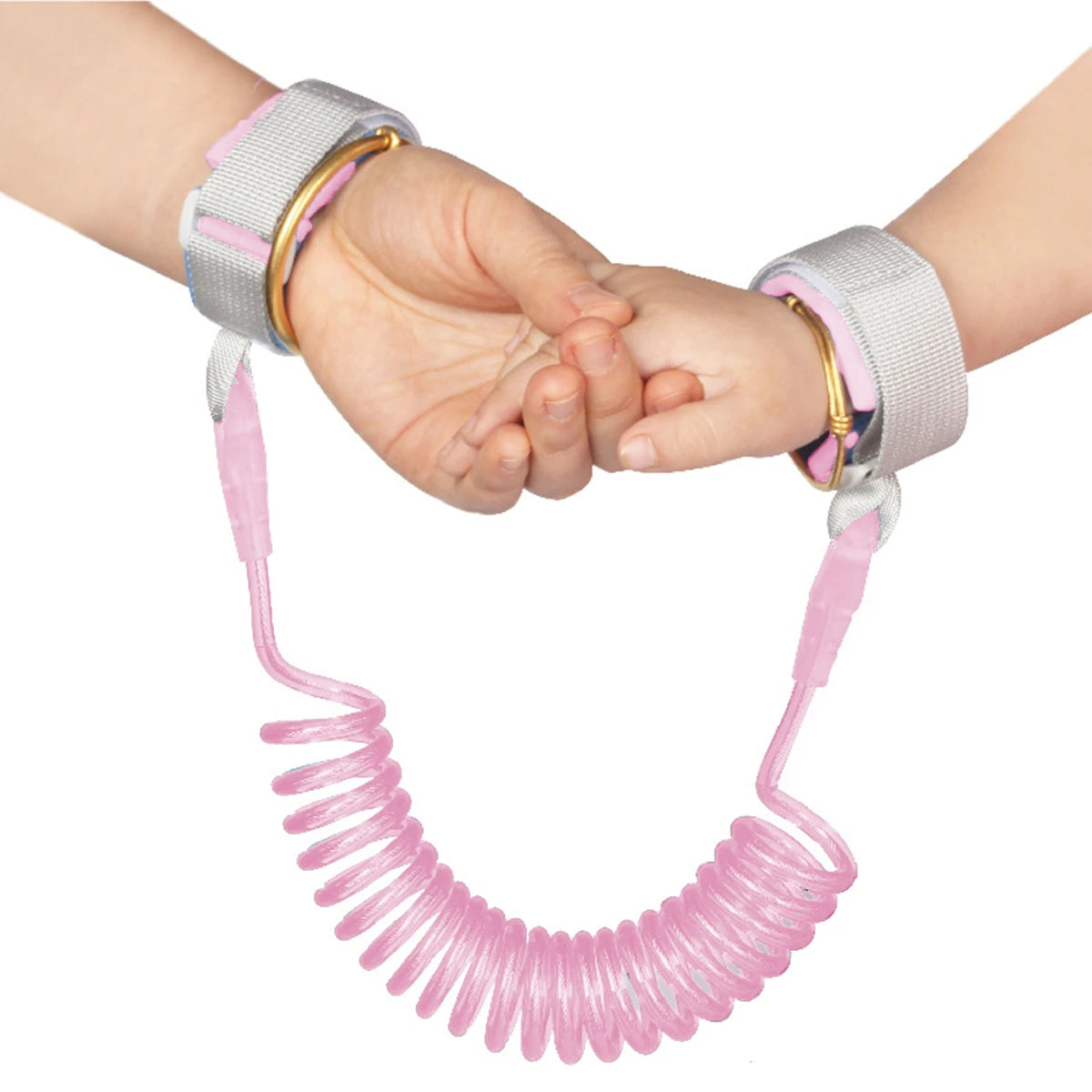 Two hands holding hands with a pink wrist leashes on a white background