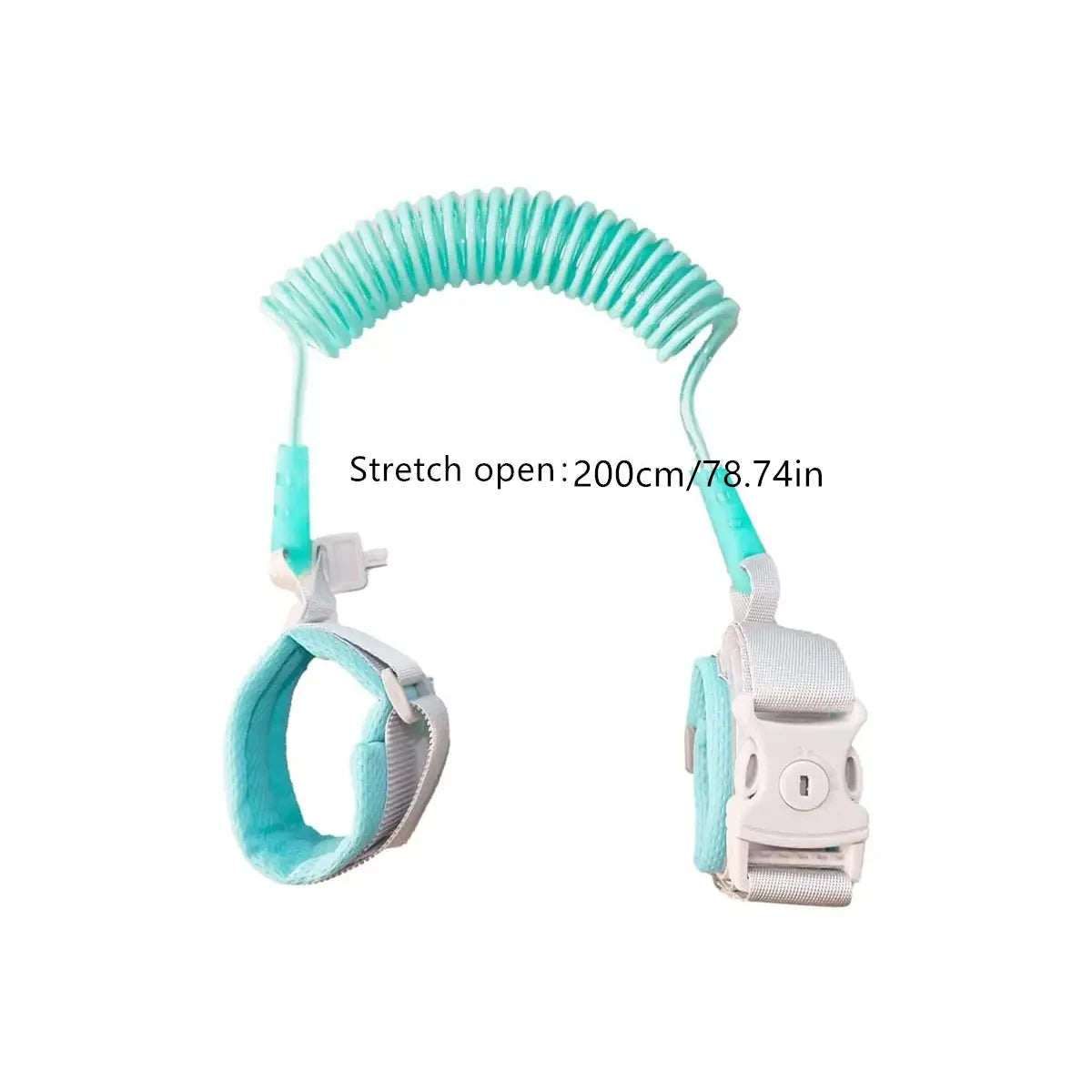 Teal and white child safety leash with a buckle on a white background
