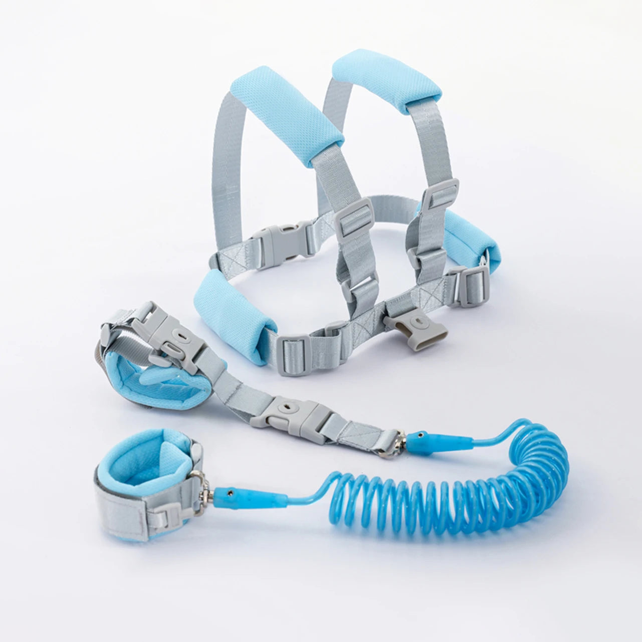 Kids harness and leash set with blue and gray design on a white background for safety in hajj and umrah pilgrimage.