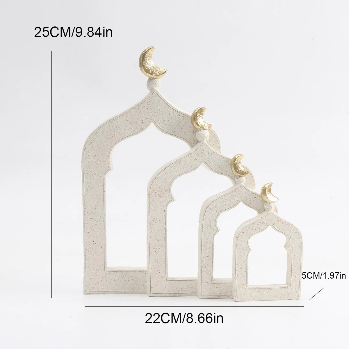 Decorative arches with moon designs and measurements on a white background