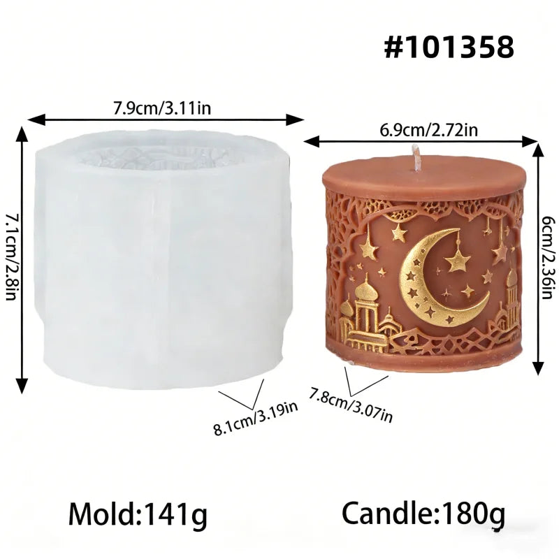 Silicone mold and candle comparison with dimensions and weight details.