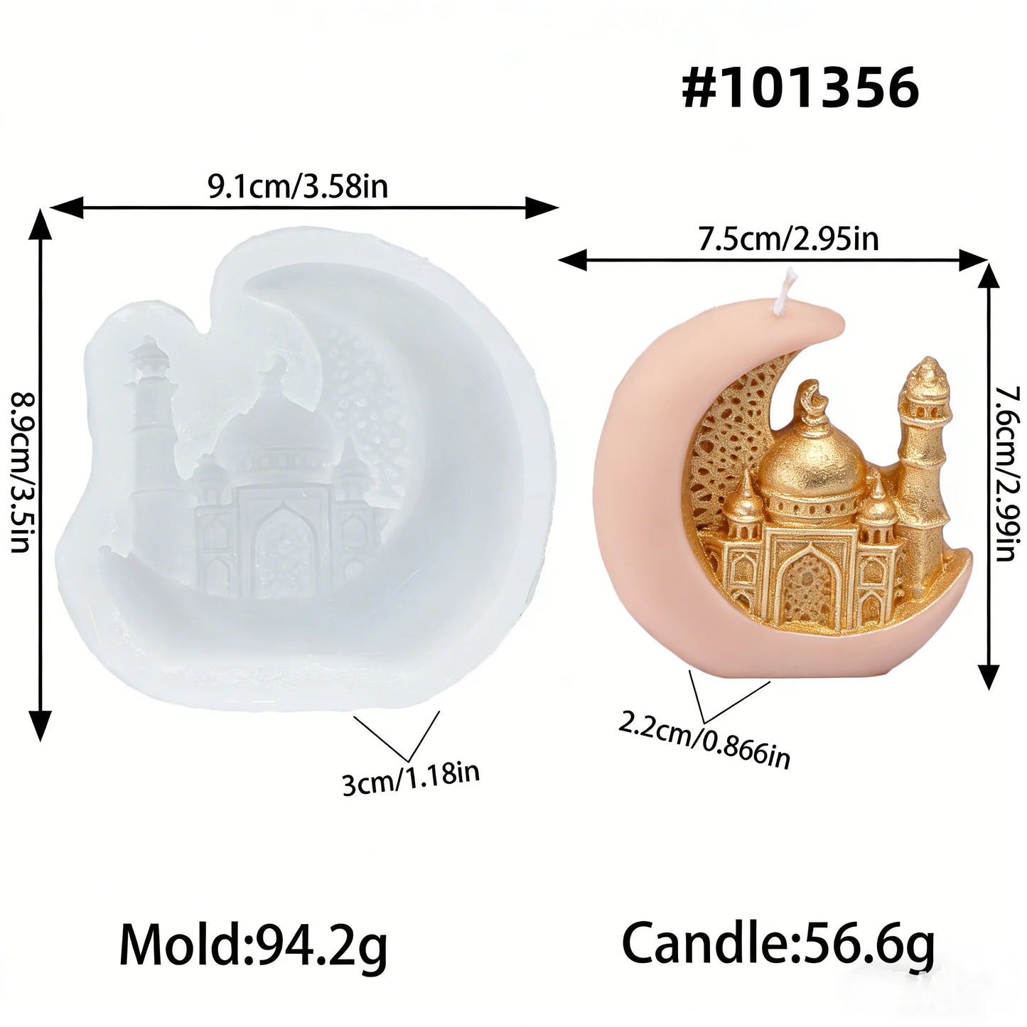 Silicone mold shaped like a crescent moon with a Taj Mahal design, showing dimensions and weight on a white background.