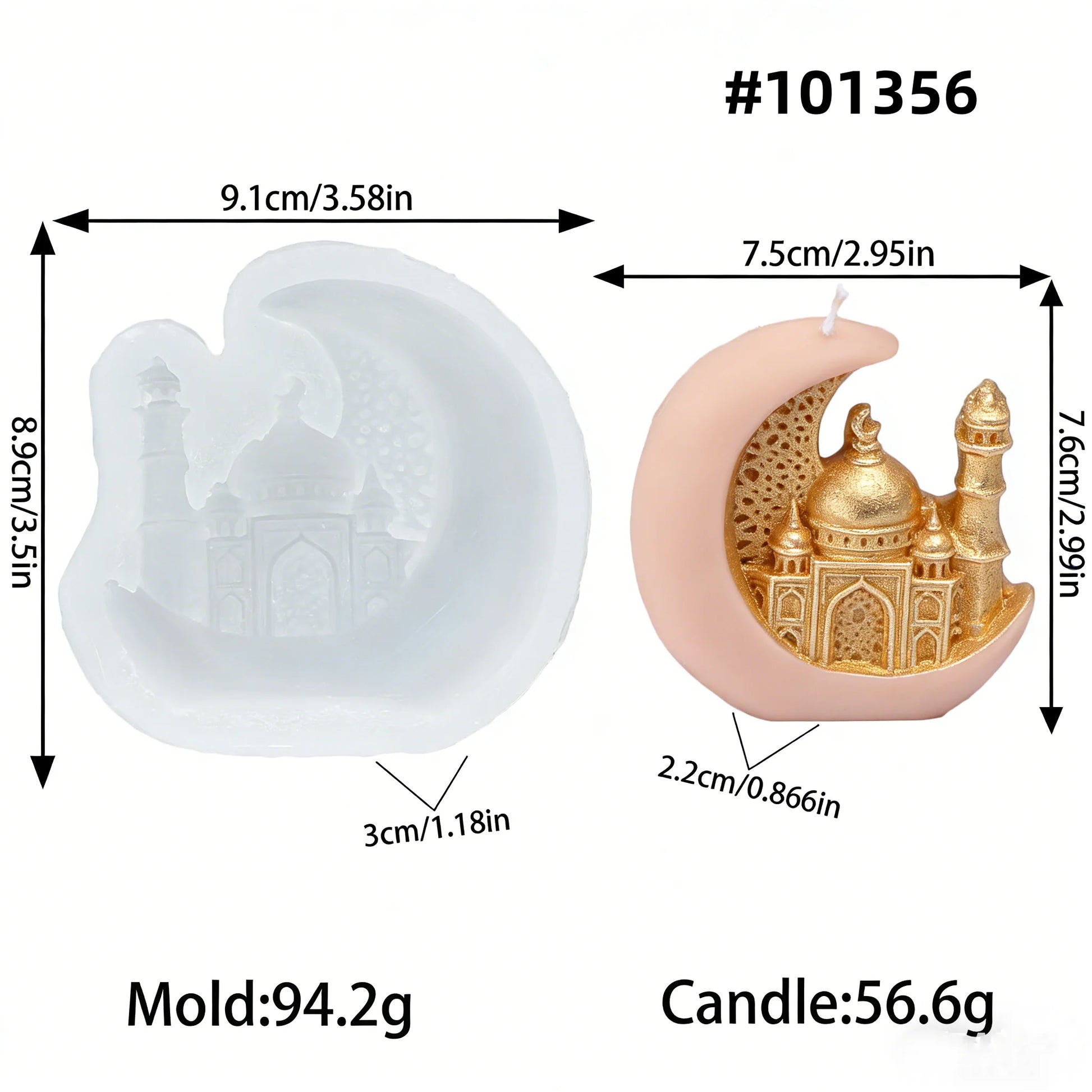 Silicone mold shaped like a crescent moon with a Taj Mahal design, showing dimensions and weight on a white background.