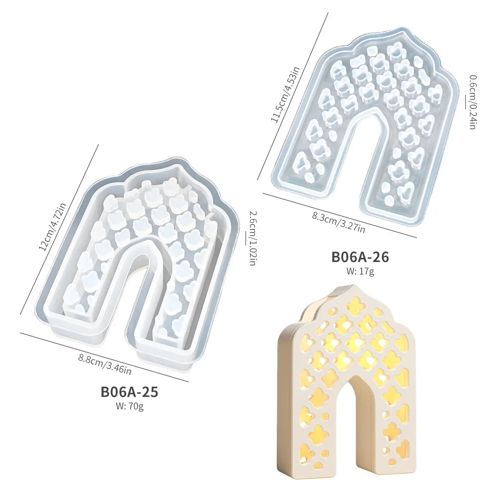 Decorative arch-shaped mold with measurements and weight details on a white background