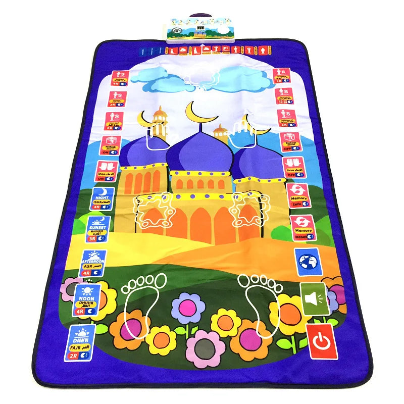 blue cartoon Islamic Interactive prayer mat for kids with architectural design and footprints on a white background