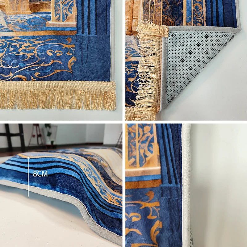 Blue and gold patterned rug with detailed design and texture shown from different angles.