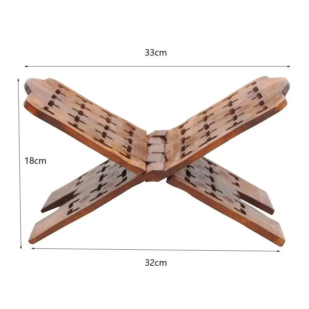 Wooden Islamic Quran Book Stand with dimensions labeled on a white background