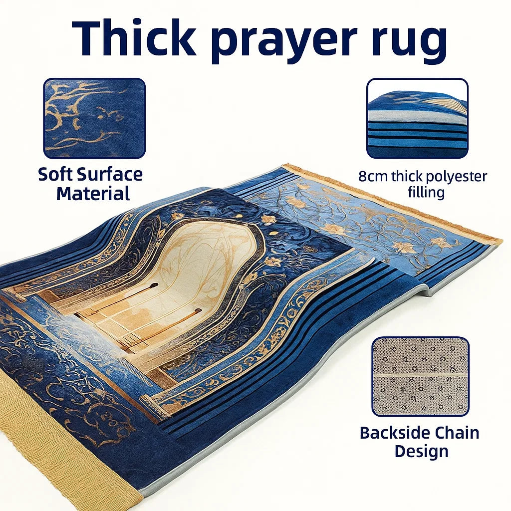 Thick prayer rug with features highlighted on a white background