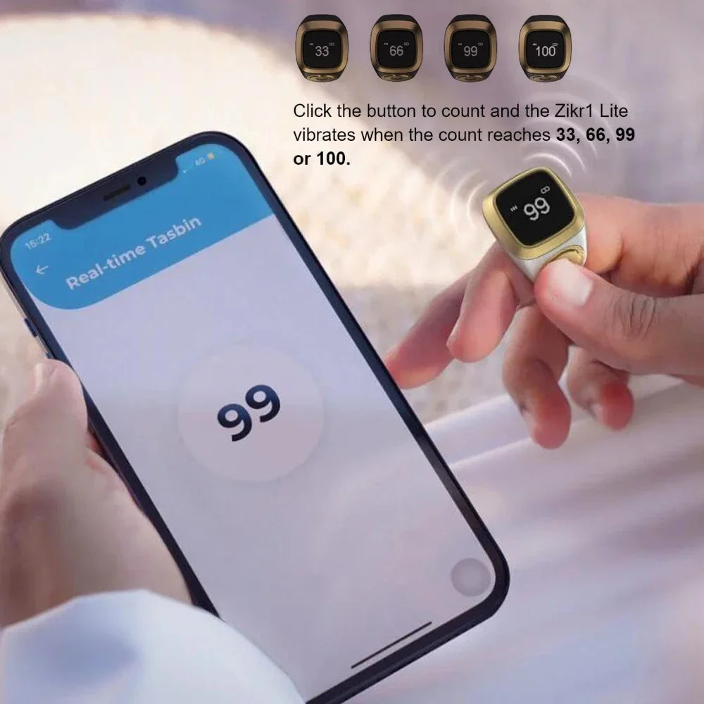 Smartwatch and phone app showing tasbih counting feature with text on screen.