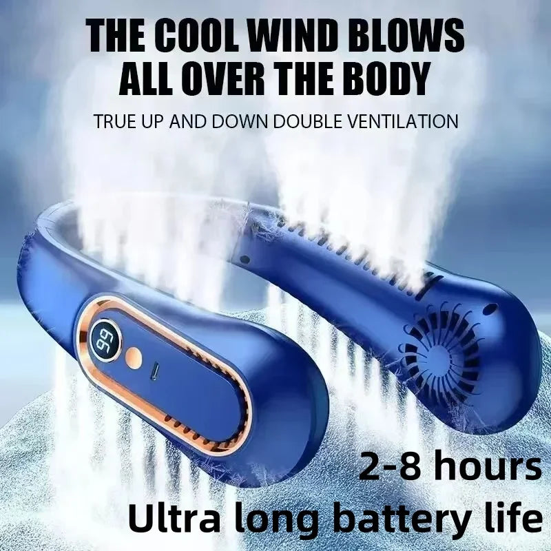 Blue neck band cooling fan with text about cooling effects and battery life on a blue background