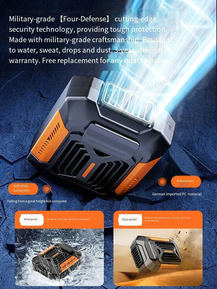 Black and orange portable cooling fan on a beige background for hajj and umrah pilgrims