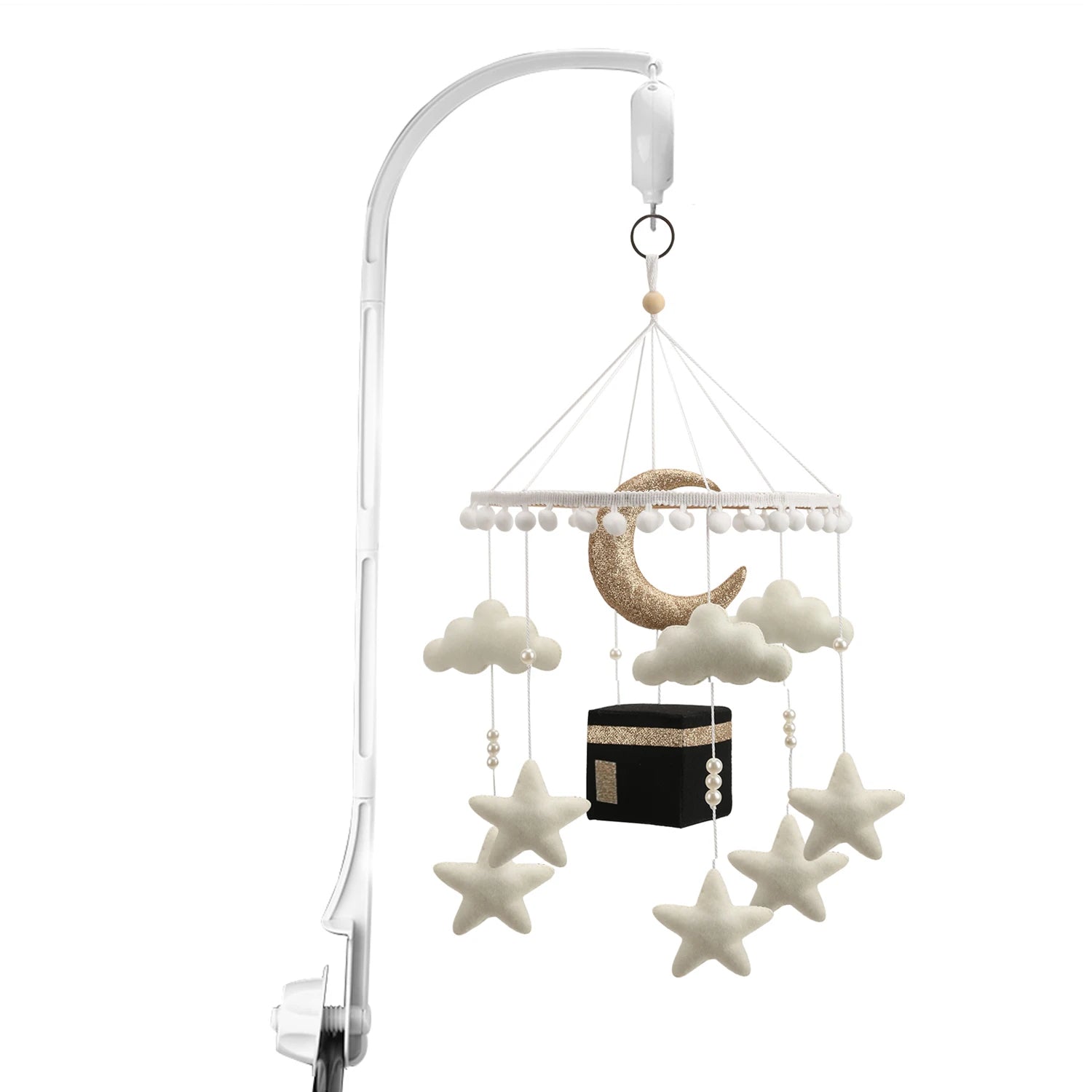 Baby mobile with stars, clouds, and a moon on a white background