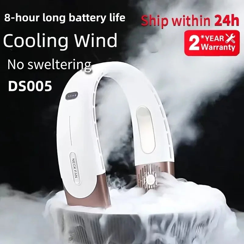 neck band cooling fan with air, text about battery life and warranty, on a dark background.