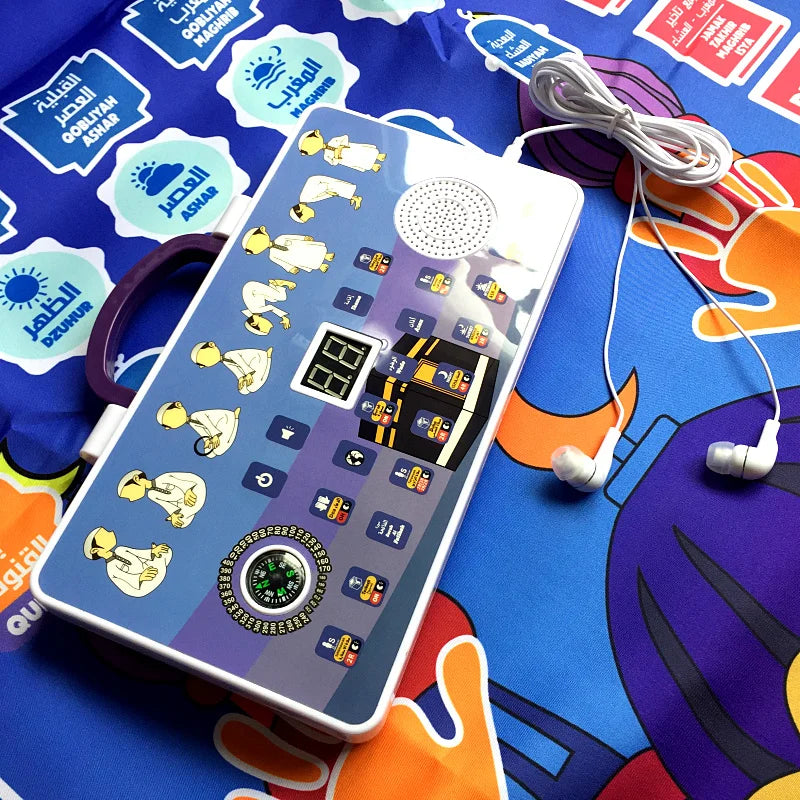 Children's electronic toy with buttons and display on a colorful mat