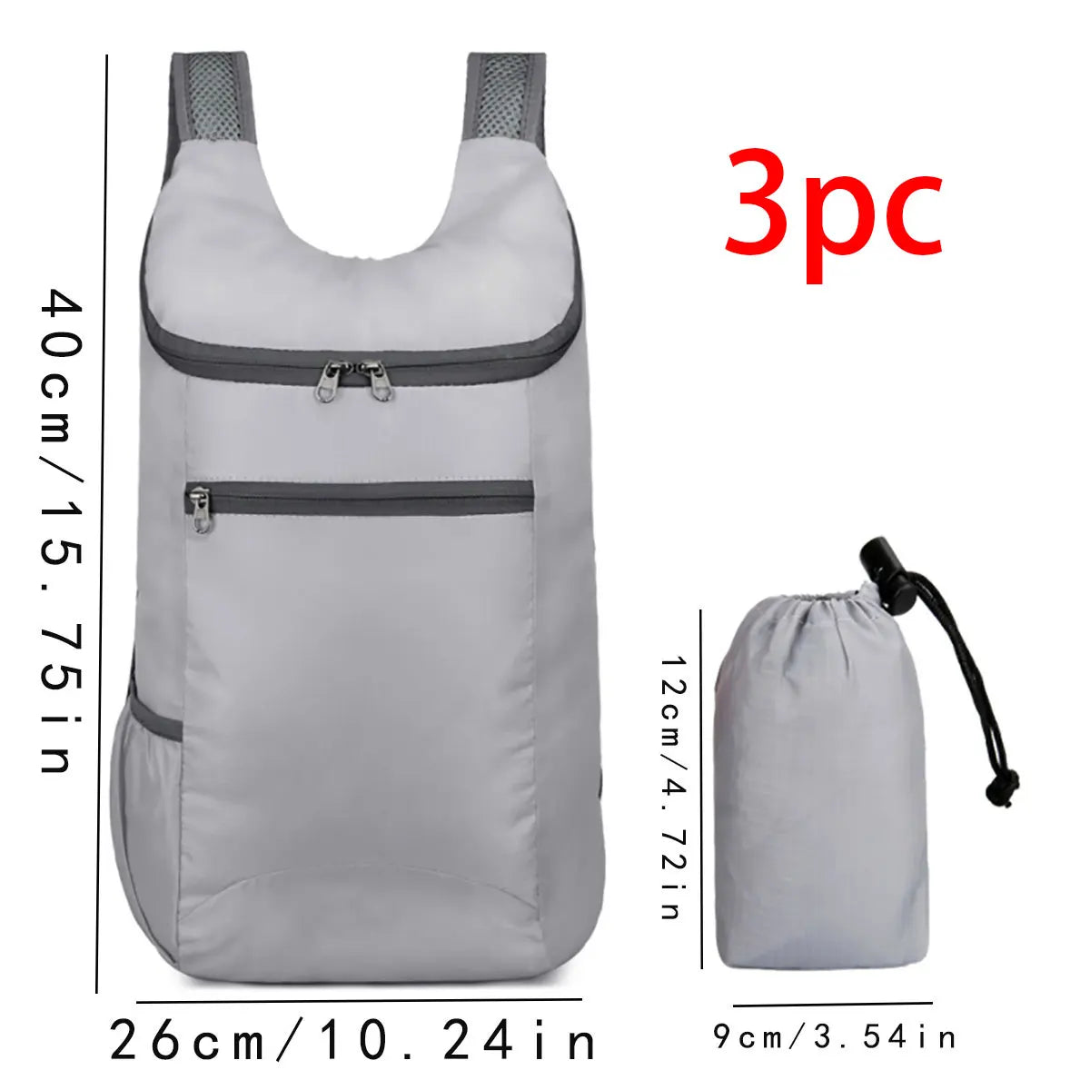 Gray backpack with measurement details and a smaller gray bag on a white background for hajj and umrah pilgrimage