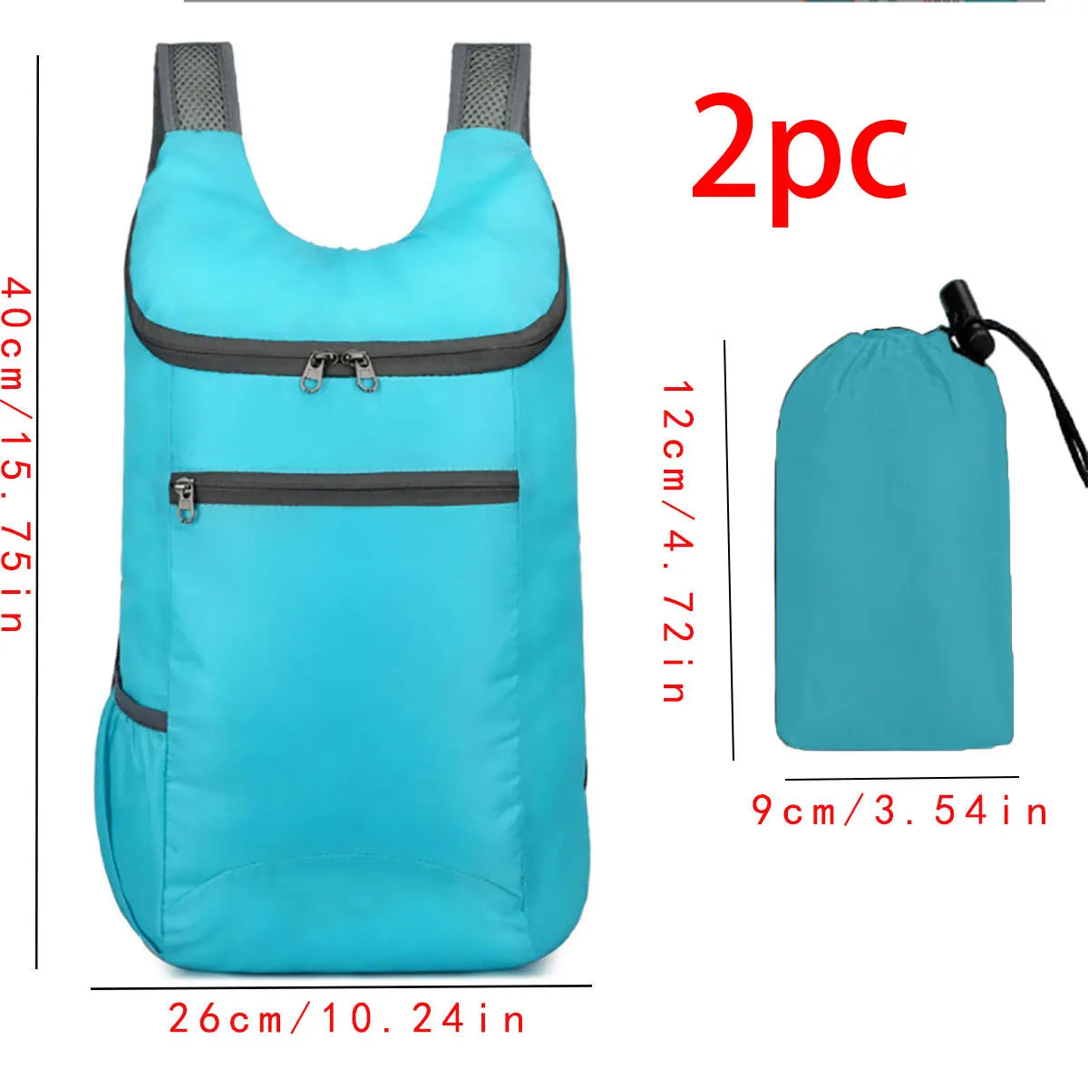 Blue backpack with measurement details on a white background for hajj and umrah pilgrimage