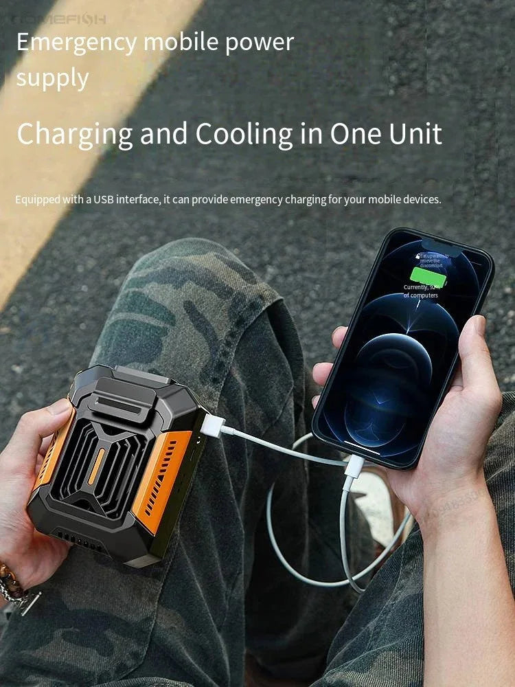 Person the cooling device with power bank using an emergency mobile power supply to charge a smartphone outdoors.
