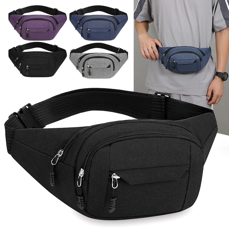 Black waist bag with multiple pockets and zippers, shown with other color options and a person wearing it.