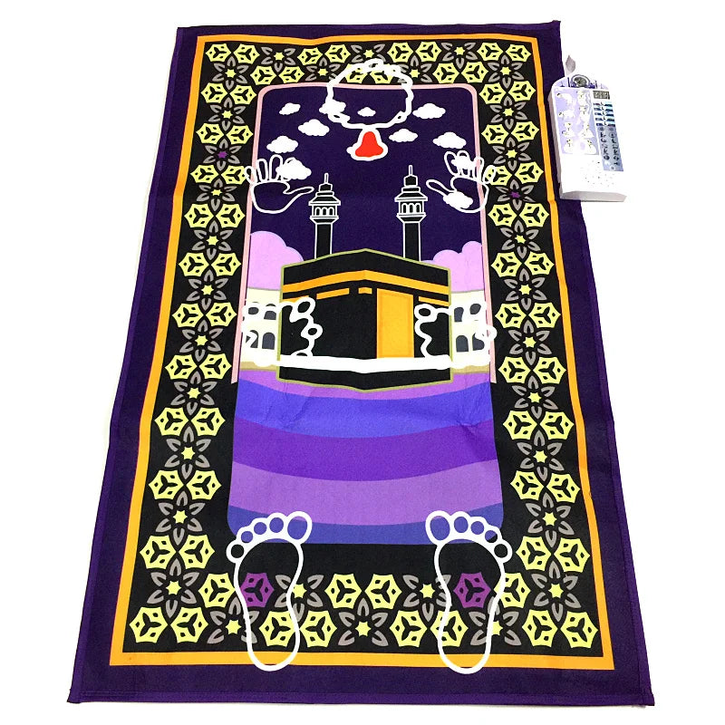 Decorative interactive Islamic prayer mat with a colorful design featuring a mosque and footprints on a purple background.