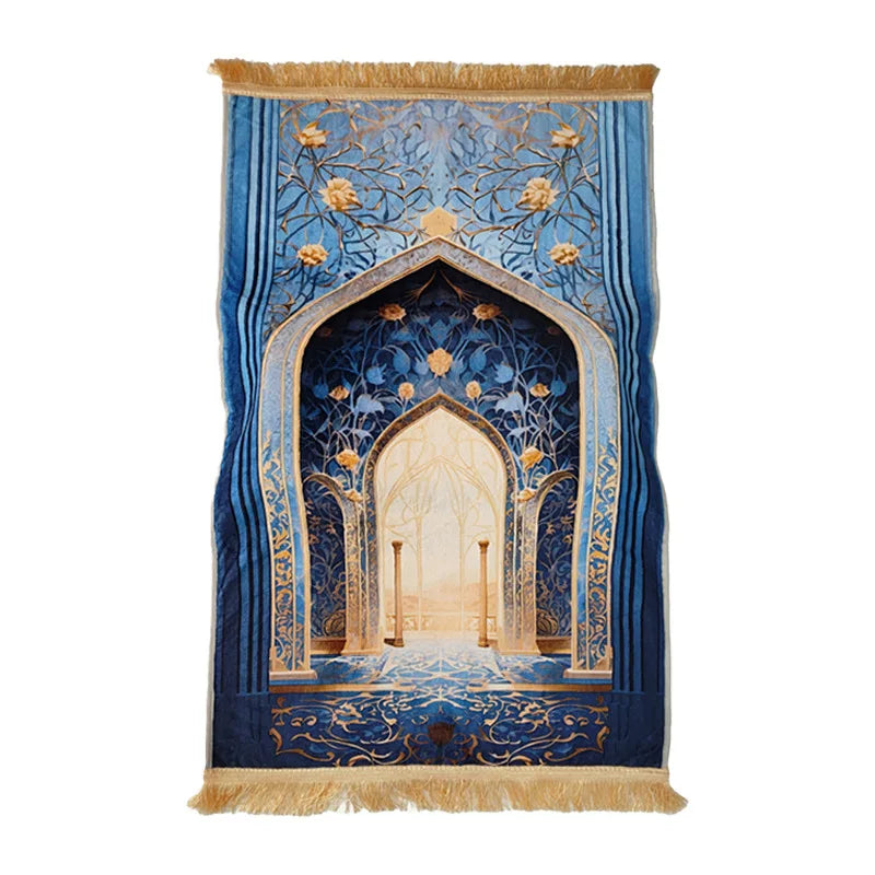 Decorative wall hanging with arch design and floral patterns on a blue background
