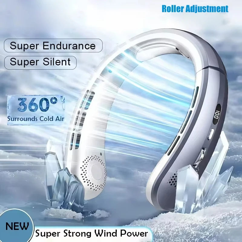 Portable fan with ice and snow background, highlighting features like super endurance, silent operation, and 360-degree cold air.