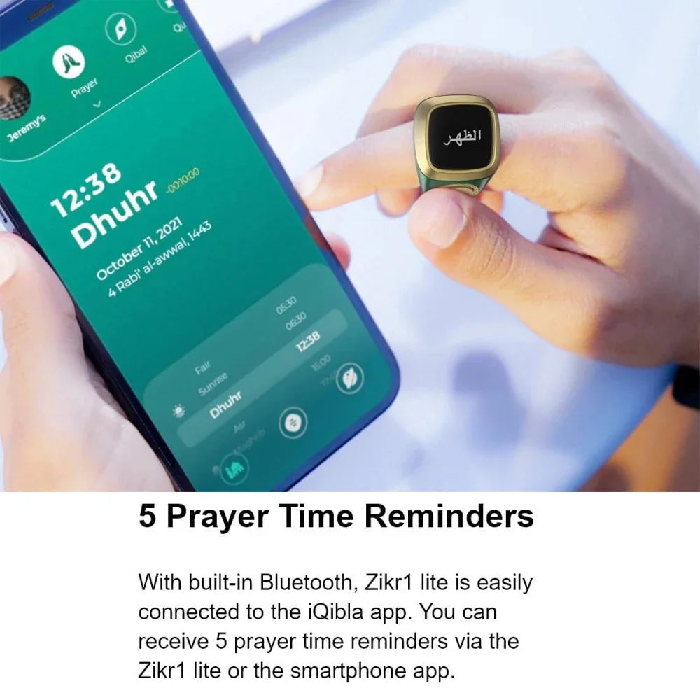 Smartphone displaying prayer time app with a smartwatch showing prayer time on a white background