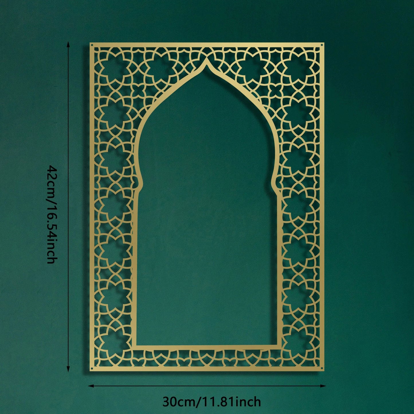 Decorative gold Islamic metal arch cutout with dimensions on a green background