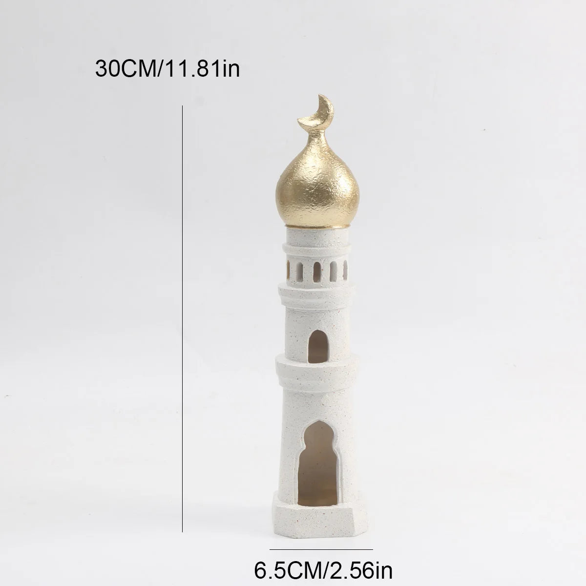 Decorative tower with gold dome and measurements on a white background