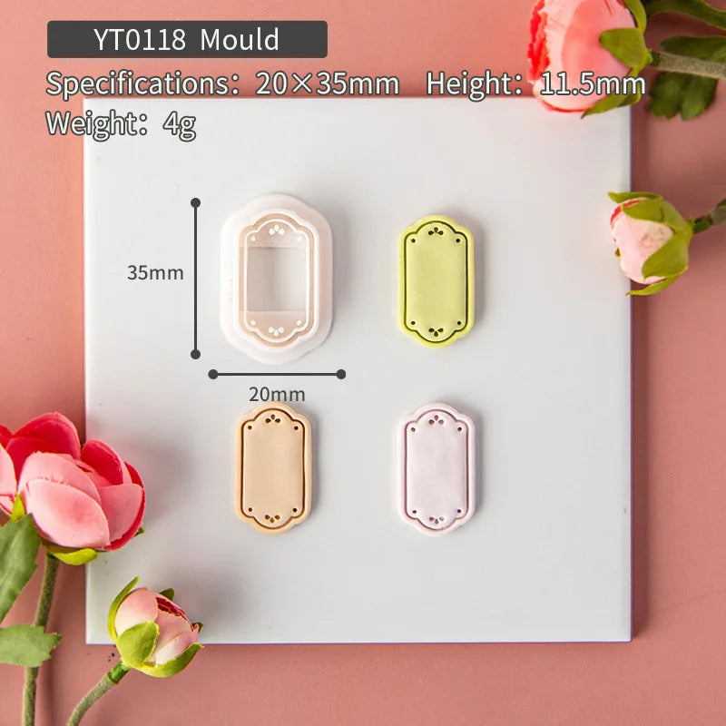  YT0118 Mould with dimensions and weight on a pink background with flowers.