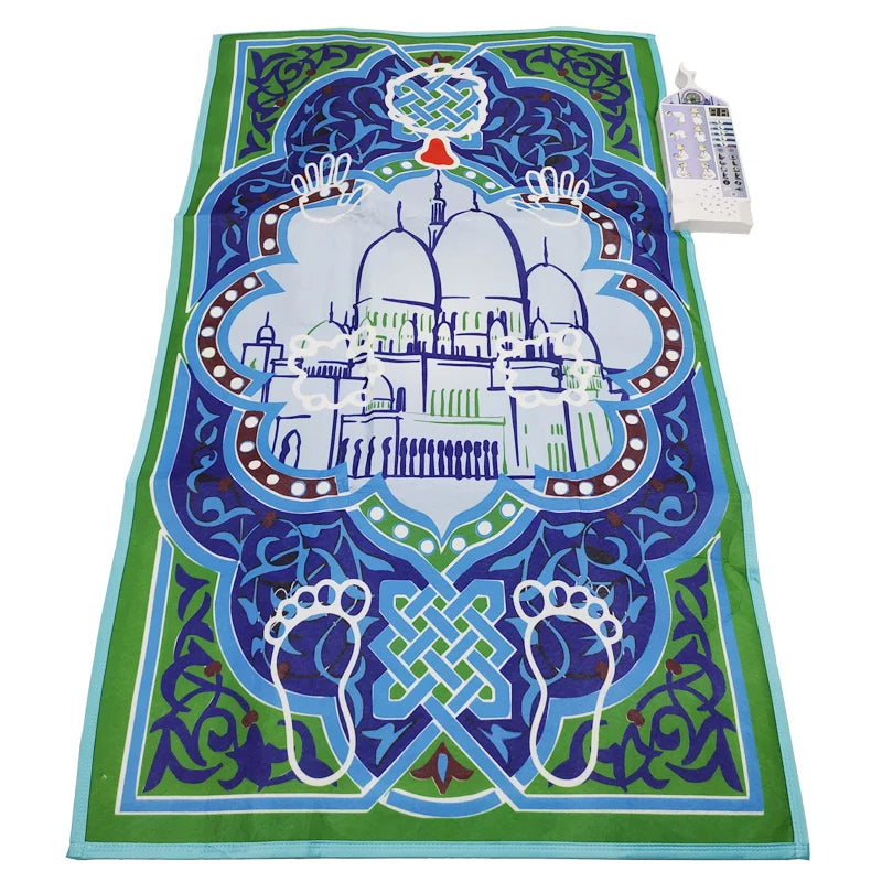 Green Decorative Islamic Interactive prayer mat for kids with architectural design and footprints on a white background