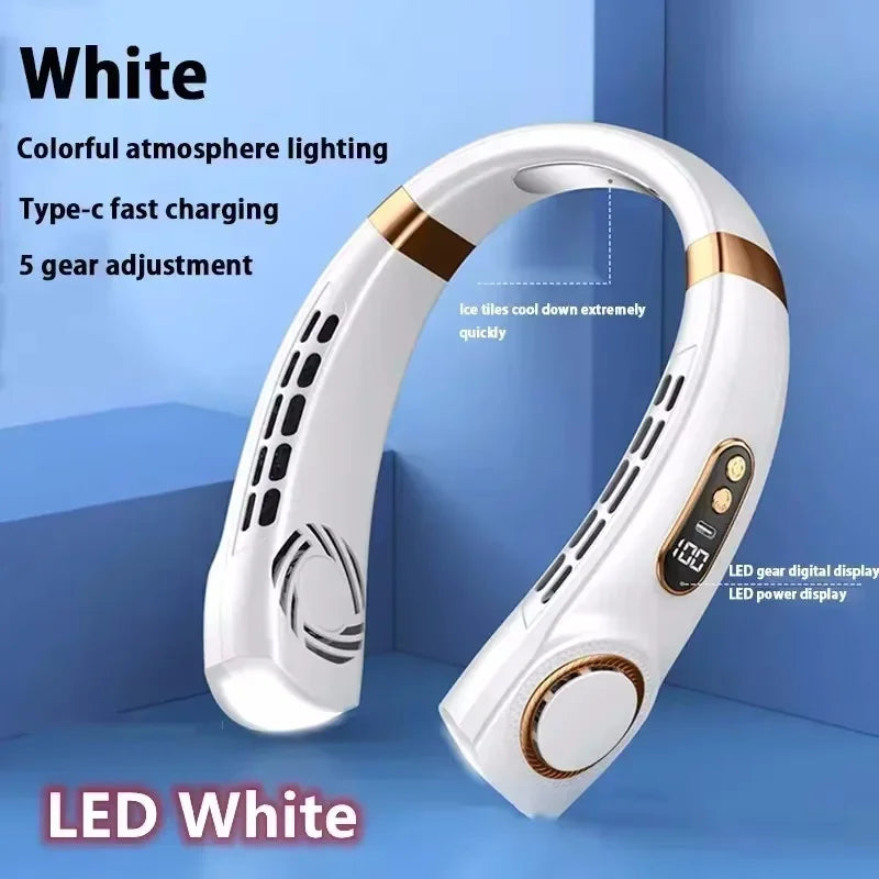 White cooling neckband device with gold accents on a blue background, featuring text about its features.