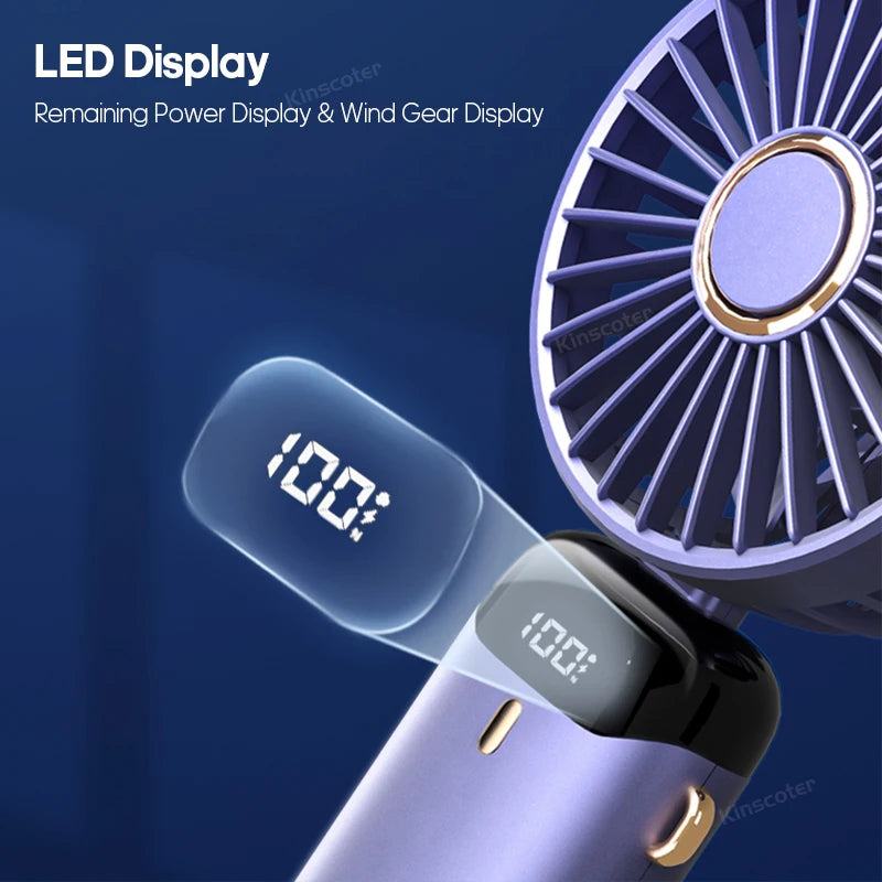 Handheld fan with LED display on a dark blue background