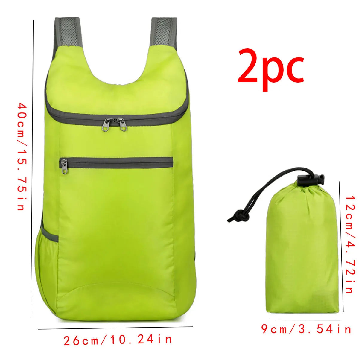Green backpack with drawstring bag, measurements, and '2pc' text on a white background for hajj and umrah pilgrimage