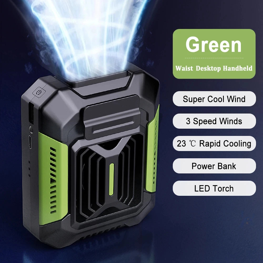 Green and black handheld device with cooling fan, power bank, and LED torch on a dark background for hajj and umrah pilgrims