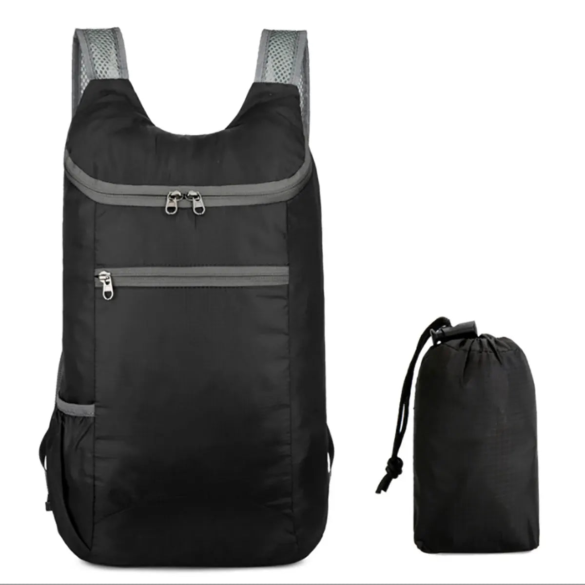 multi compartment Black backpack with gray accents and a matching drawstring bag on a white background for hajj and umrah pilgrimage