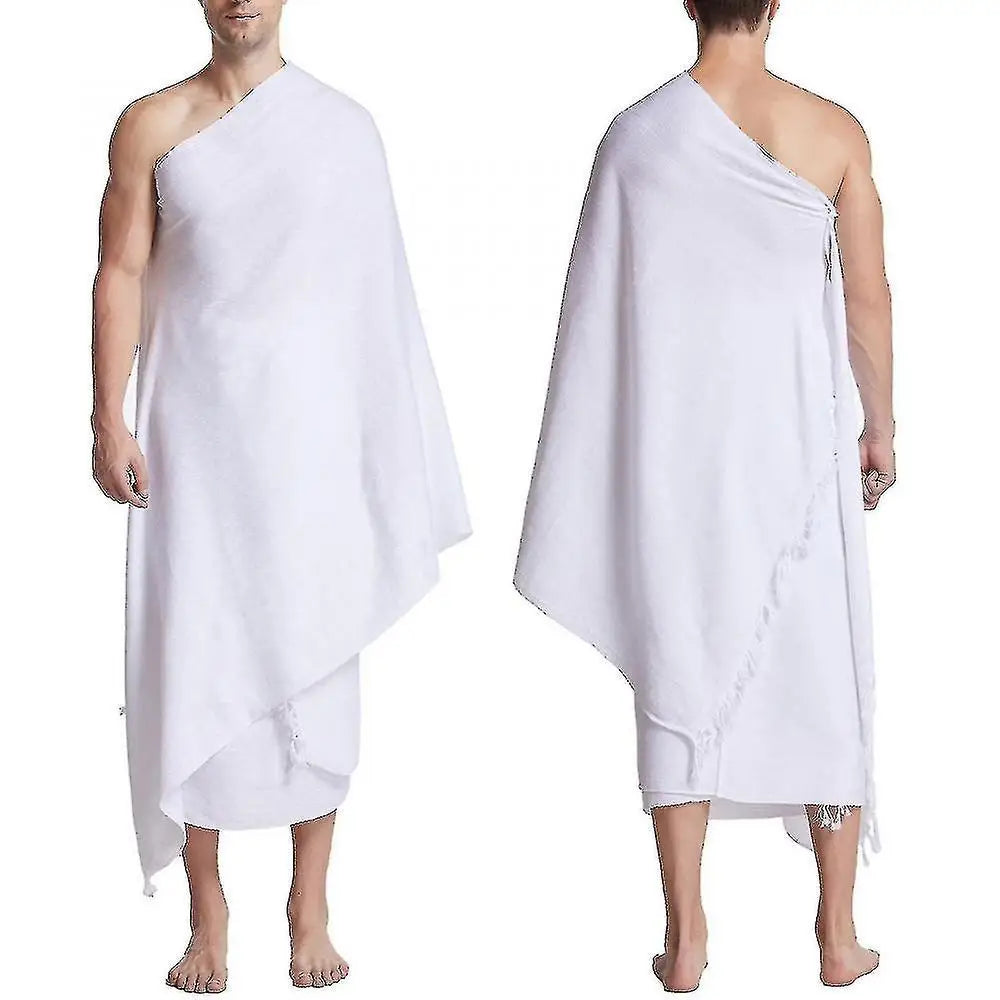 White ihram for hajj and umrah pilgrims with fringe details draped over a person on a white background
